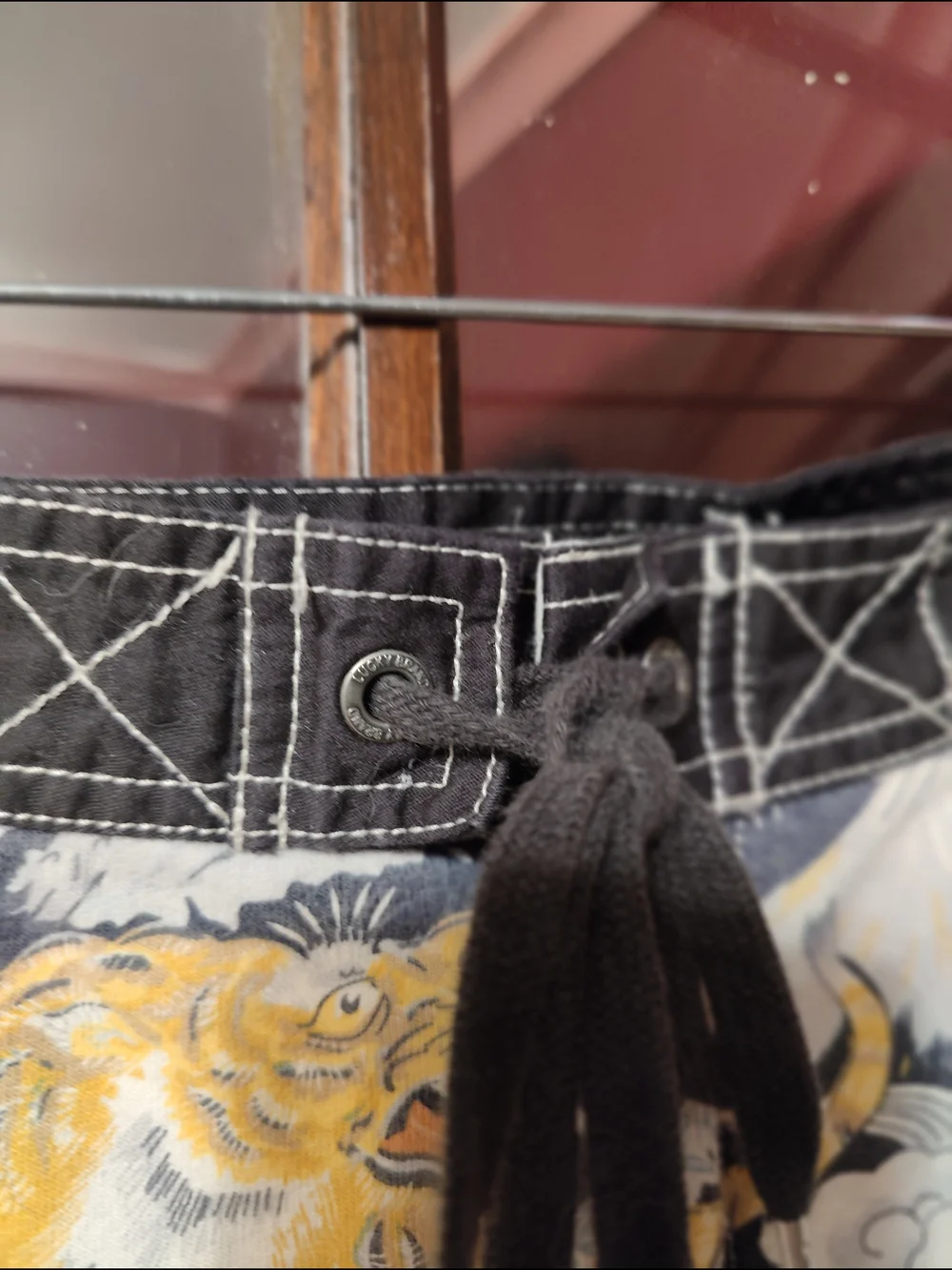Lucky Brand Navy Swim Board Shorts with Yellow & Light Blue Dragon Print